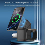 3-in-1 Magnetic Fast Wireless Charger 180 Rotating with phone and smartwatch on charging dock.