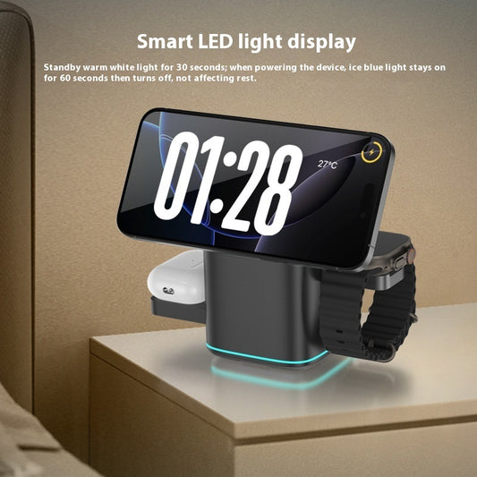 3-in-1 Magnetic Fast Wireless Charger 180 Rotating Stand with smart LED light display and device charging functionality.