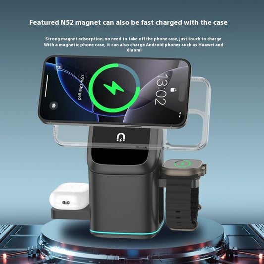 3-in-1 Magnetic Fast Wireless Charger 180 Rotating with phone, earbuds, and smartwatch on sleek stand.