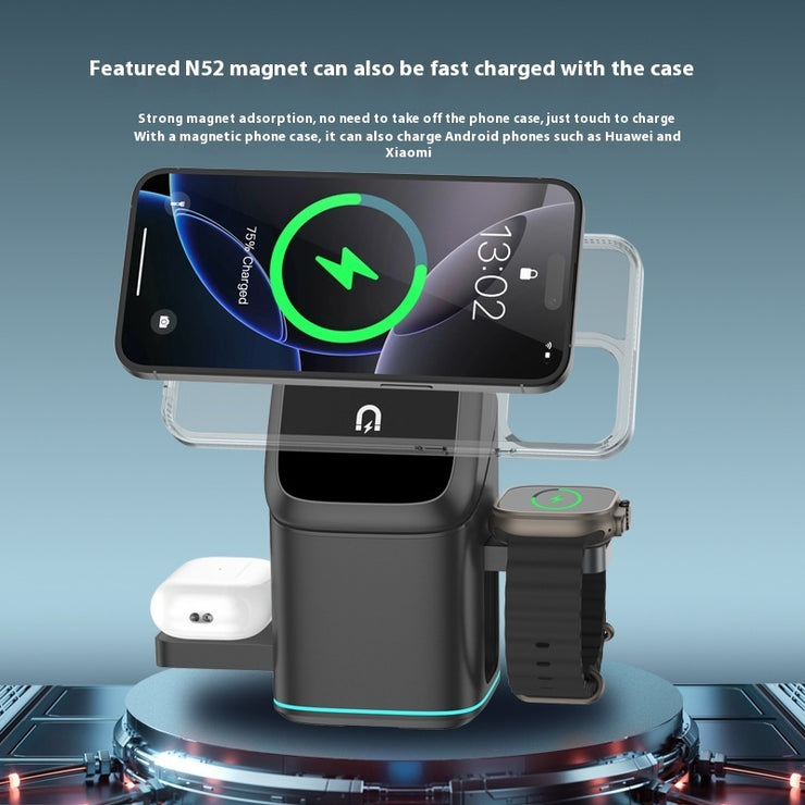 3-in-1 Magnetic Fast Wireless Charger 180 Rotating with phone, earbuds, and smartwatch on sleek stand.